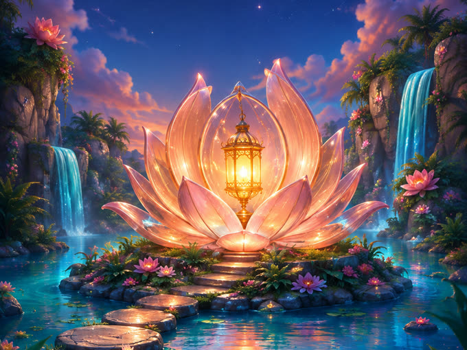 A restored lantern glowing beside a moonlit lagoon