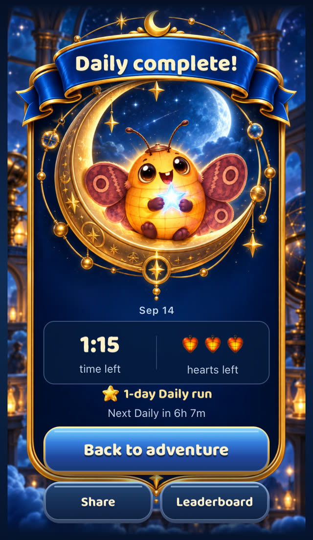 The Daily completion screen, with Pip, remaining time, hearts and a Daily streak