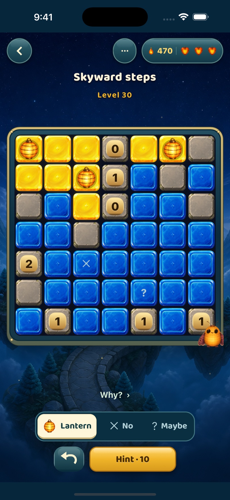 A real Lanterns puzzle: glowing golden tiles, blue unlit tiles, and numbered stone clues.